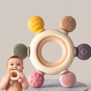 Silicone baby teether with wooden ring